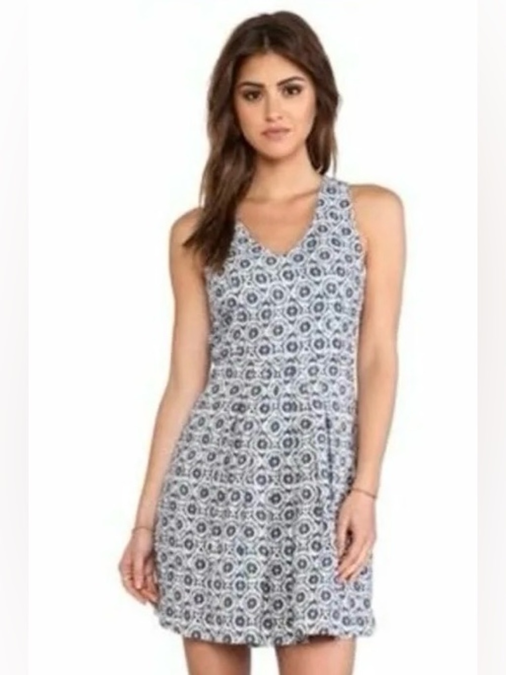 Joie Kada Blue and Cream Linen Fit-and-Flare Mini Dress Size Large